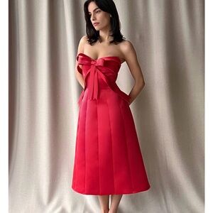 Lirika Matoshi Red Strapless Bow Midi Dress